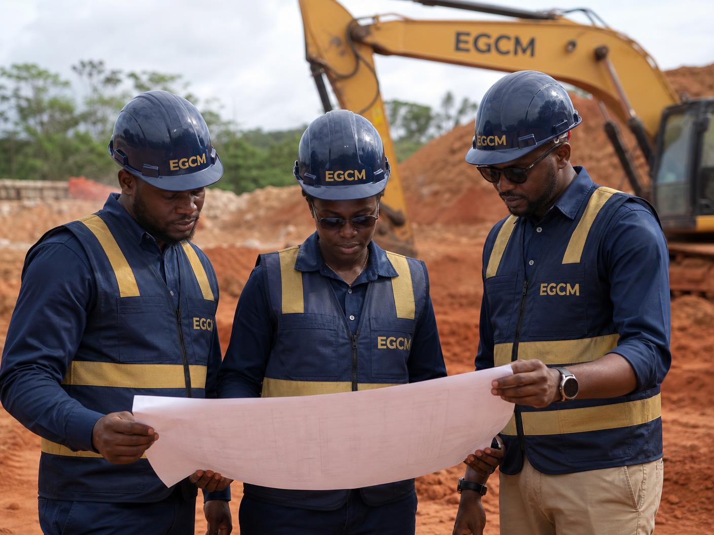 Équipe EGCM examinant des plans d'exécution sur un chantier